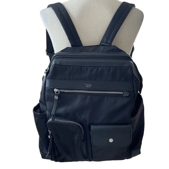 Tutilo New York Black Nylon Tech Backpack Tote Padded Pockets Structured Read - Picture 1 of 15